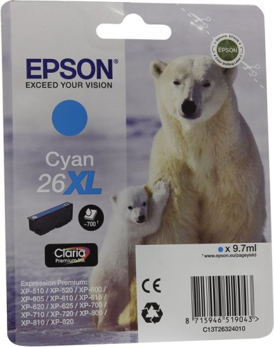 Оригинальный струйный картридж Epson T2632 (голубой) 26XL C13T26324010