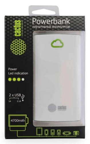Мобильный аккумулятор Cactus PowerBank CS-PBA40-4700WB белый/зеленый Мобильный аккумулятор Cactus PowerBank CS-PBA40-4700WB белый/зеленый