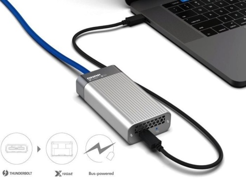 Опция для хранилища данных QNAP QNAP QNA-T310G1T Single port Thunderbolt 3 to single port 10GbE NBASE-T RJ-45 adapter, bus powered, 10Gbps 5Gbps 2.5Gbps 1Gbps 100Mbps фото 3