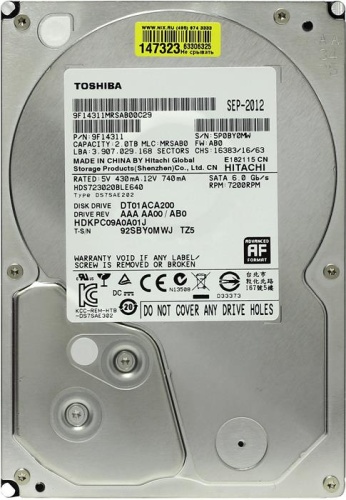 Жесткий диск SATA HDD Toshiba 2000ГБ DT01ACA200 9F14311