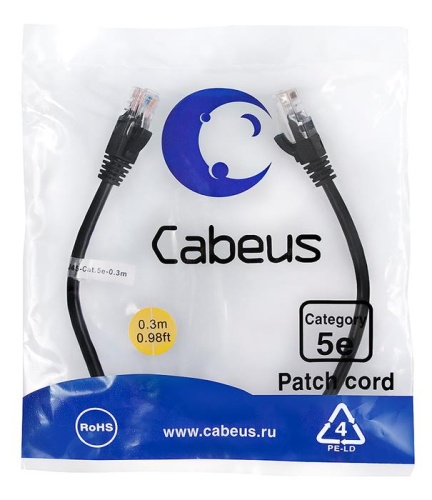 Патчкорд UTP Cabeus PC-UTP-RJ45-Cat.5e-0.3m-BK фото 2