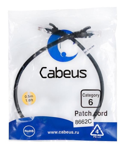 Патчкорд UTP Cabeus PC-UTP-RJ45-Cat.6-0.5m-BK фото 2 Патчкорд UTP Cabeus PC-UTP-RJ45-Cat.6-0.5m-BK фото 2