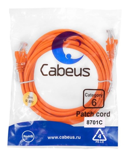 Патчкорд UTP Cabeus PC-UTP-RJ45-Cat.6-3m-OR