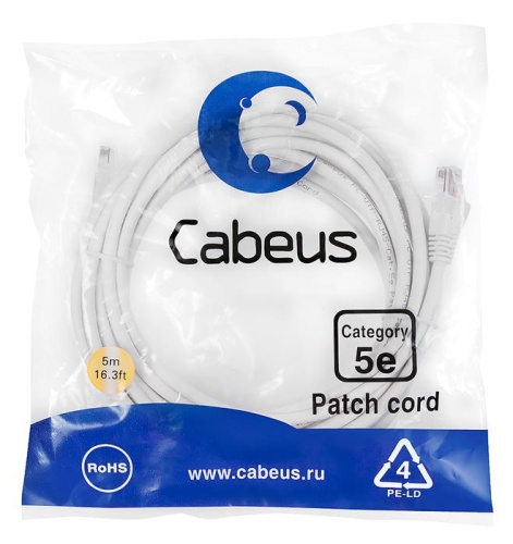 Патчкорд UTP Cabeus PC-UTP-RJ45-Cat.5e-5m-WH фото 2 Патчкорд UTP Cabeus PC-UTP-RJ45-Cat.5e-5m-WH фото 2