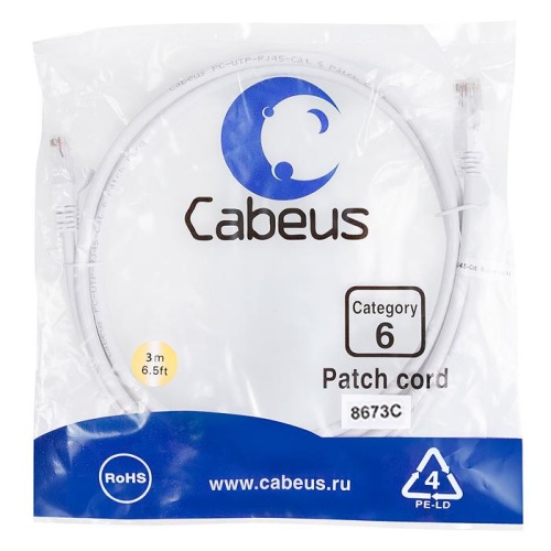 Патчкорд UTP Cabeus PC-UTP-RJ45-Cat.6-3m-WH фото 2