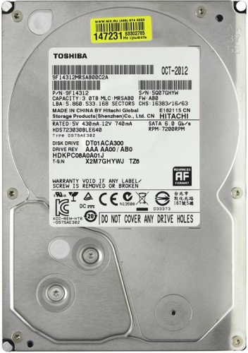 Жесткий диск SATA HDD Toshiba 3000ГБ DT01ACA300 9F14312